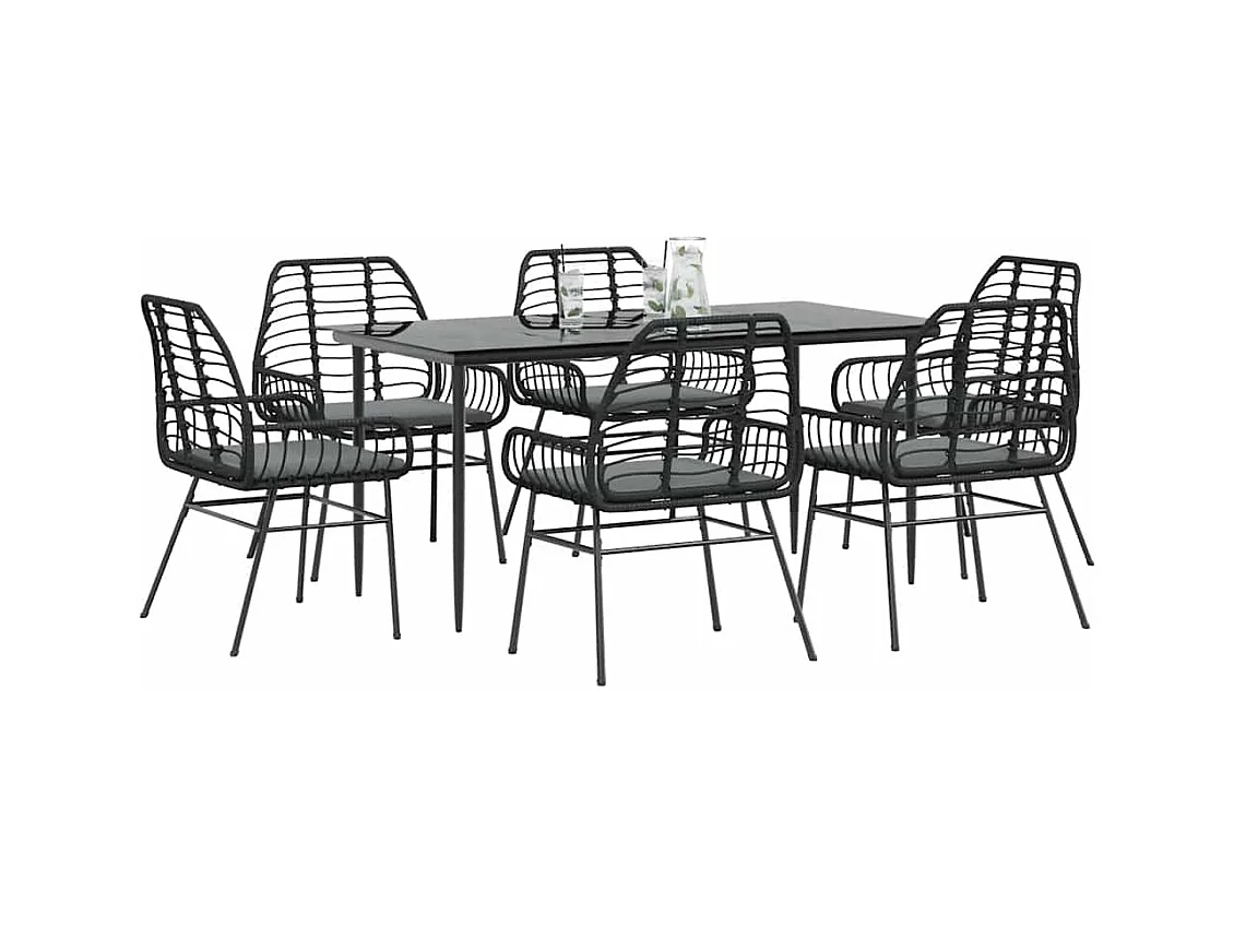 Set Pranzo da Giardino 7 pz Nero con Cuscini Polyrattan Vetro