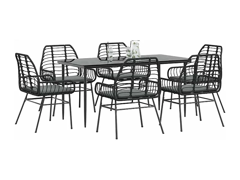 7-tlg. Garten-Essgruppe mit Kissen Schwarz Poly Rattan Glas