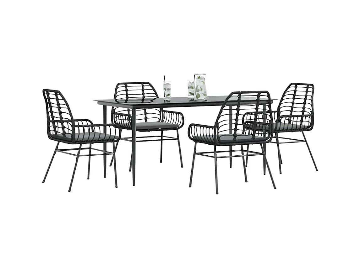 Ensemble à manger de jardin et coussins 5 pcs noir rotin verre