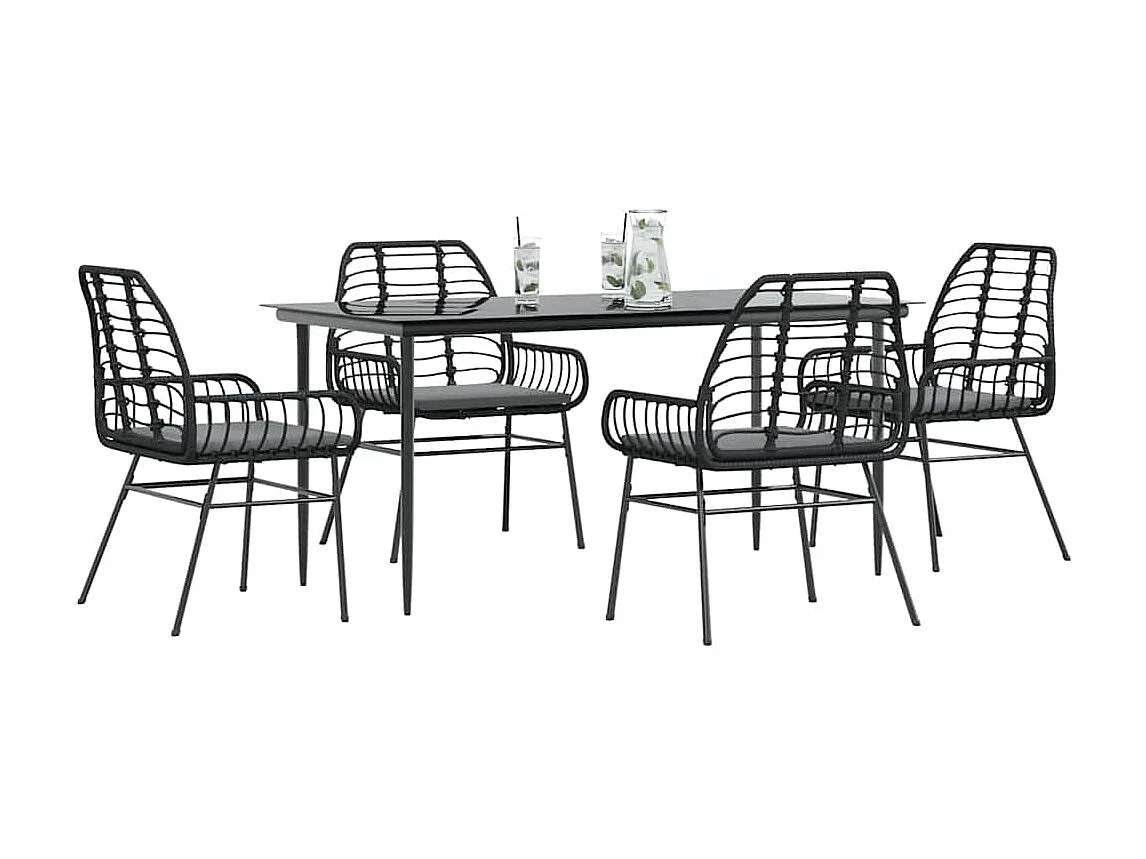 5-tlg. Garten-Essgruppe mit Kissen Schwarz Poly Rattan Glas