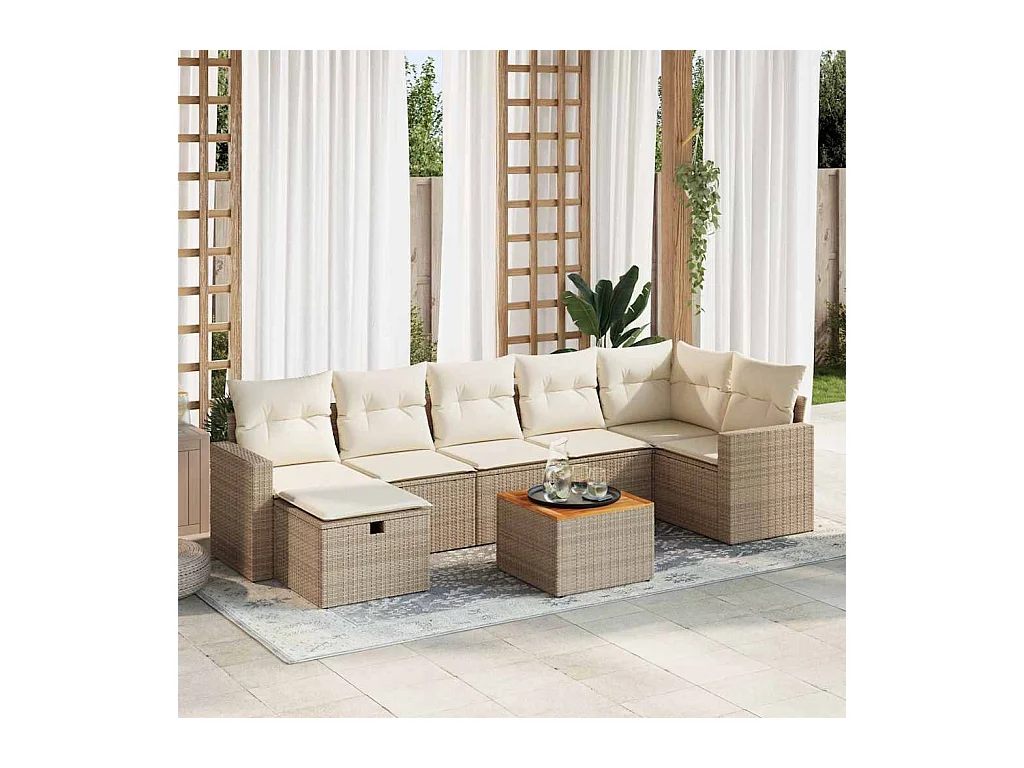 Set Divano da Giardino 8 pz con Cuscini Beige in Polyrattan