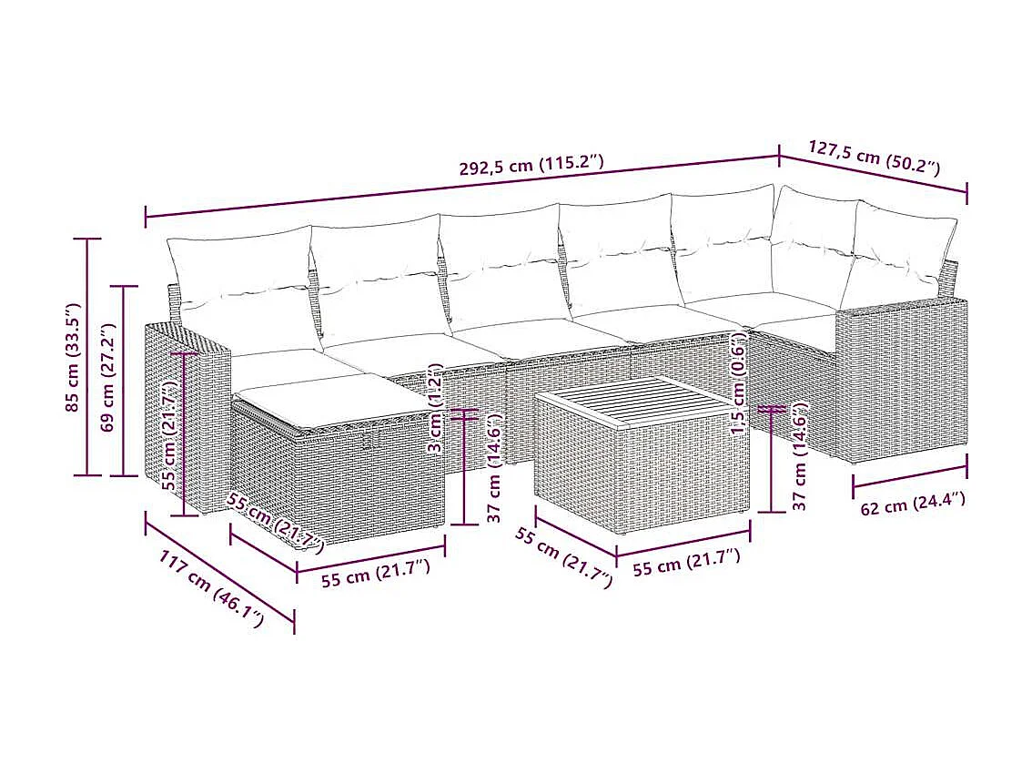 Salon de jardin avec coussins 8 pcs beige résine tressée