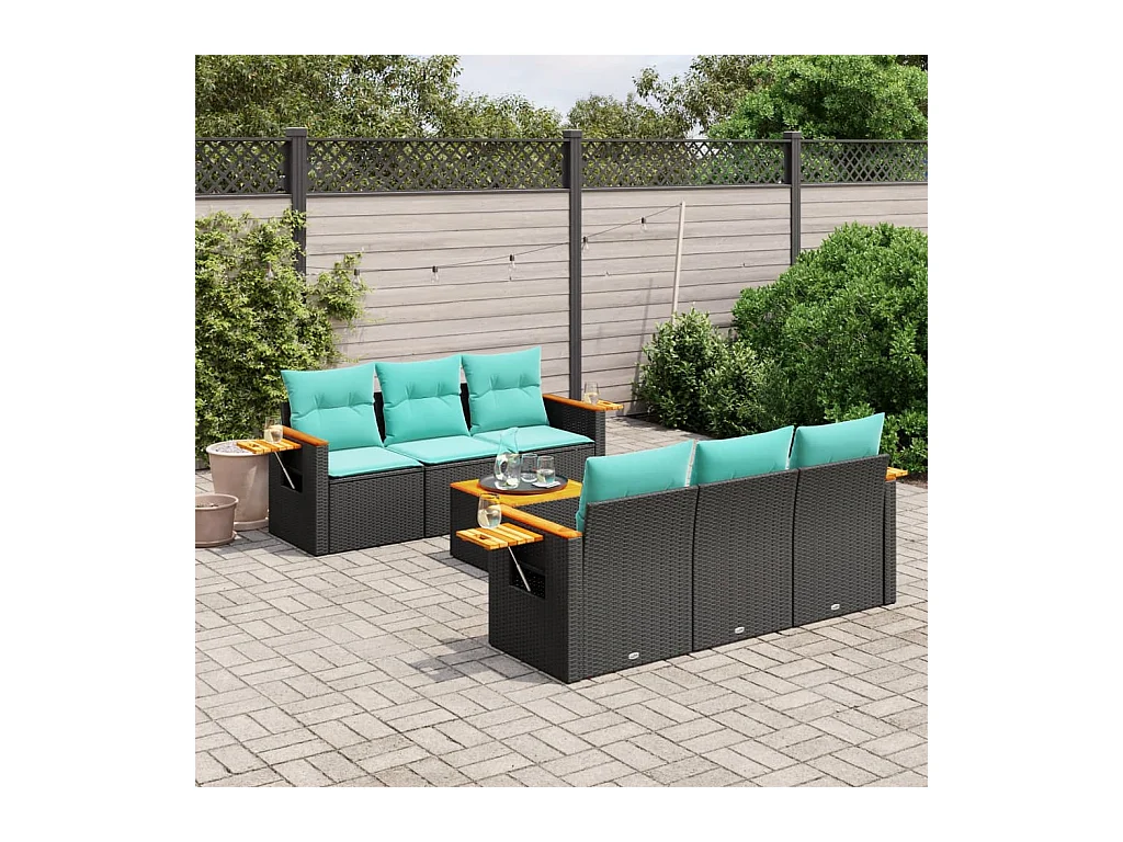 Set Divani da Giardino 7 pz con Cuscini Nero in Polyrattan