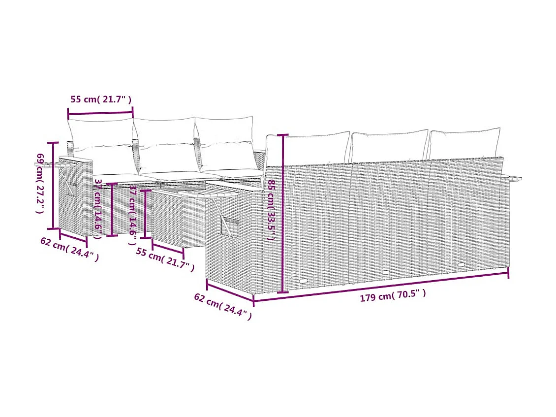 Set Divani da Giardino 7 pz con Cuscini Nero in Polyrattan