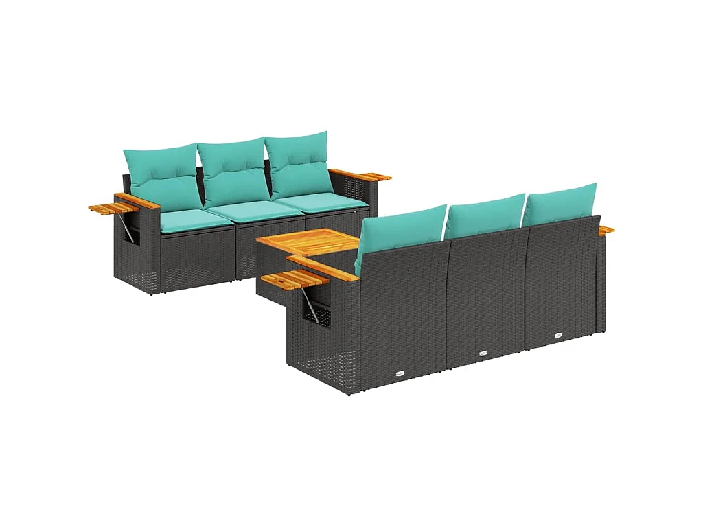 7 pcs conjunto de sofás p/ jardim c/ almofadões vime PE preto