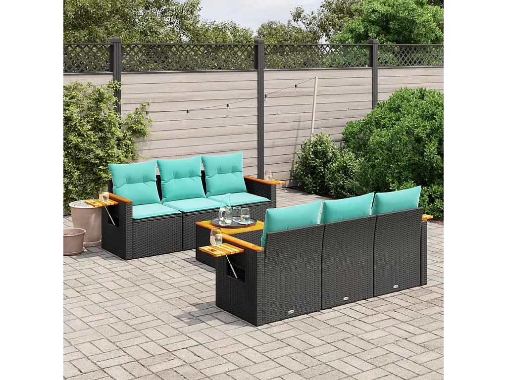 7 pcs conjunto de sofás p/ jardim c/ almofadões vime PE preto