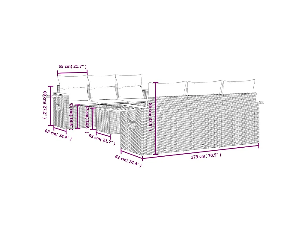 7 pcs conjunto de sofás p/ jardim c/ almofadões vime PE preto