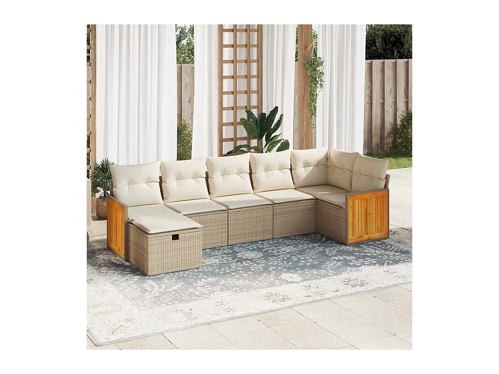 Salon de jardin avec coussins 7 pcs beige résine tressée