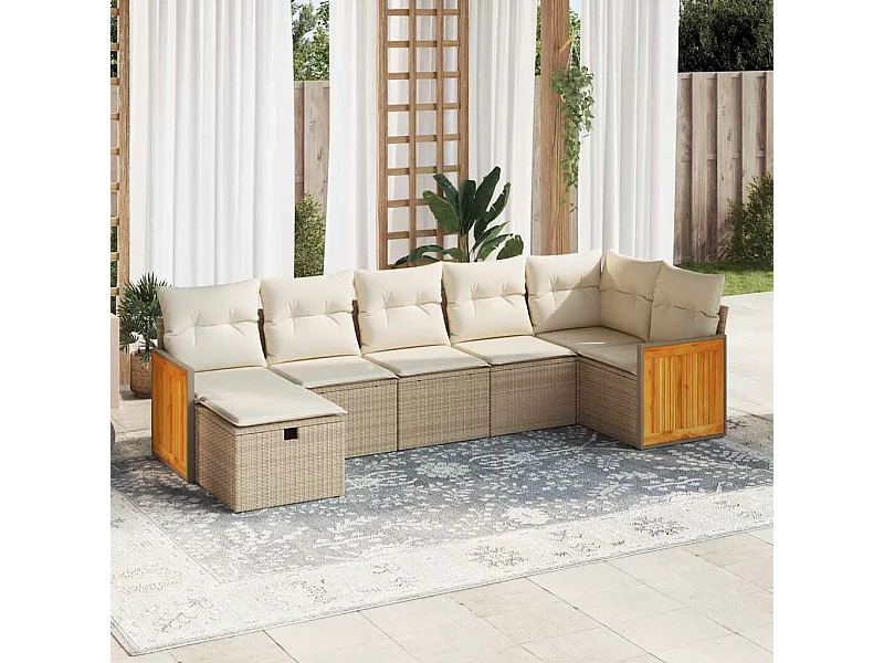 Set Divani da Giardino 7 pz con Cuscini Beige in Polyrattan
