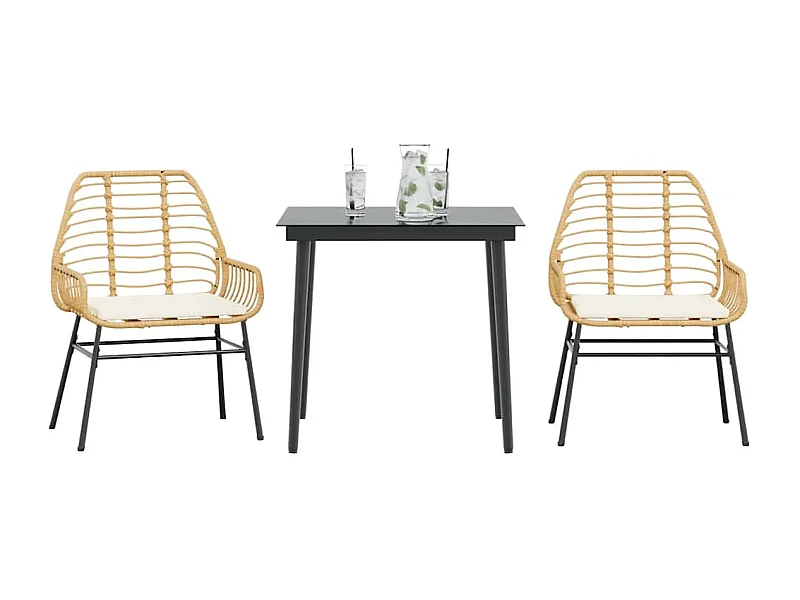 3-tlg. Garten-Essgruppe mit Kissen Braun Poly Rattan Glas