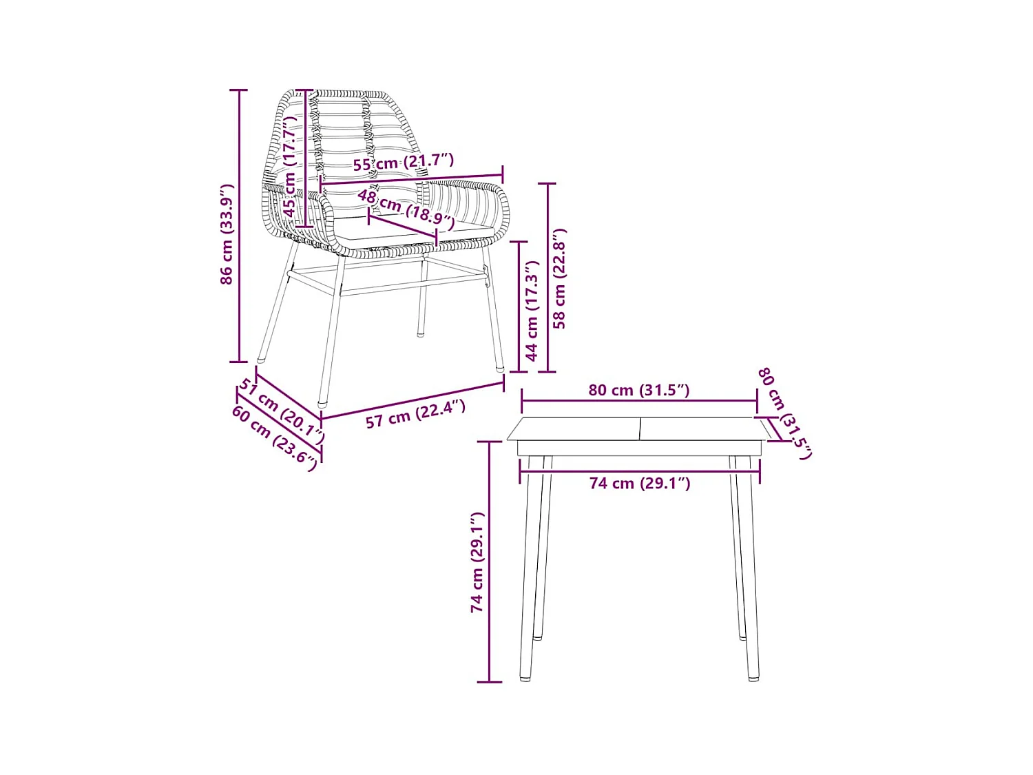 Ensemble à manger jardin coussins 3pcs marron poly rotin verre