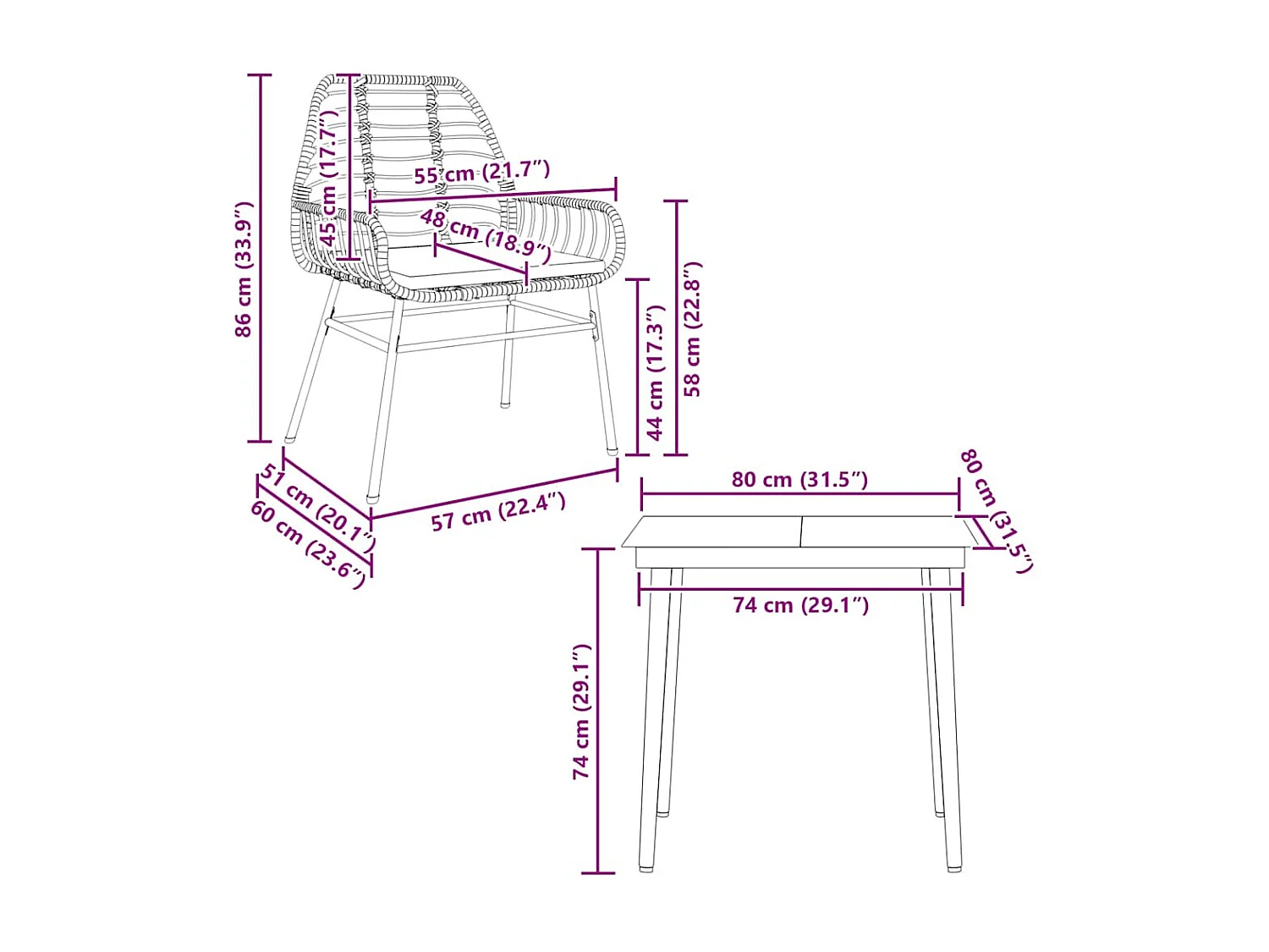 Ensemble à manger jardin coussins 3pcs marron poly rotin verre