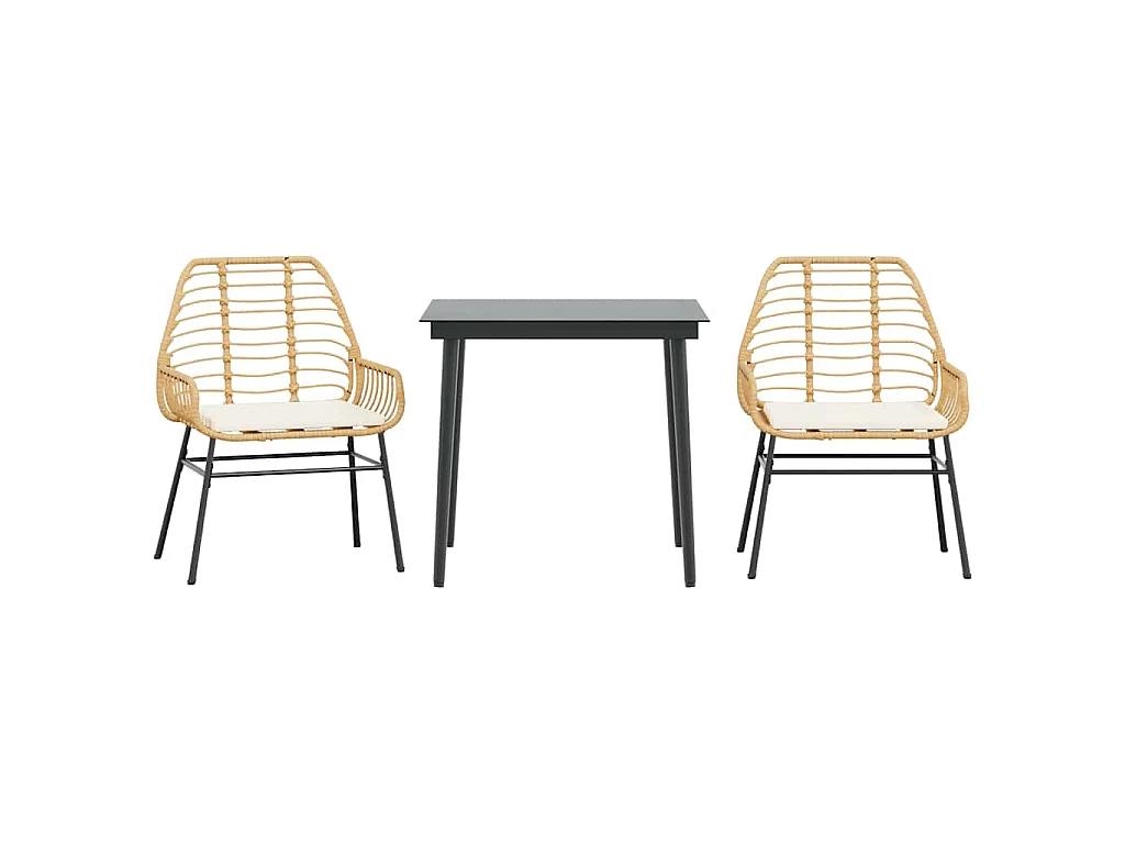 3-tlg. Garten-Essgruppe mit Kissen Braun Poly Rattan Glas
