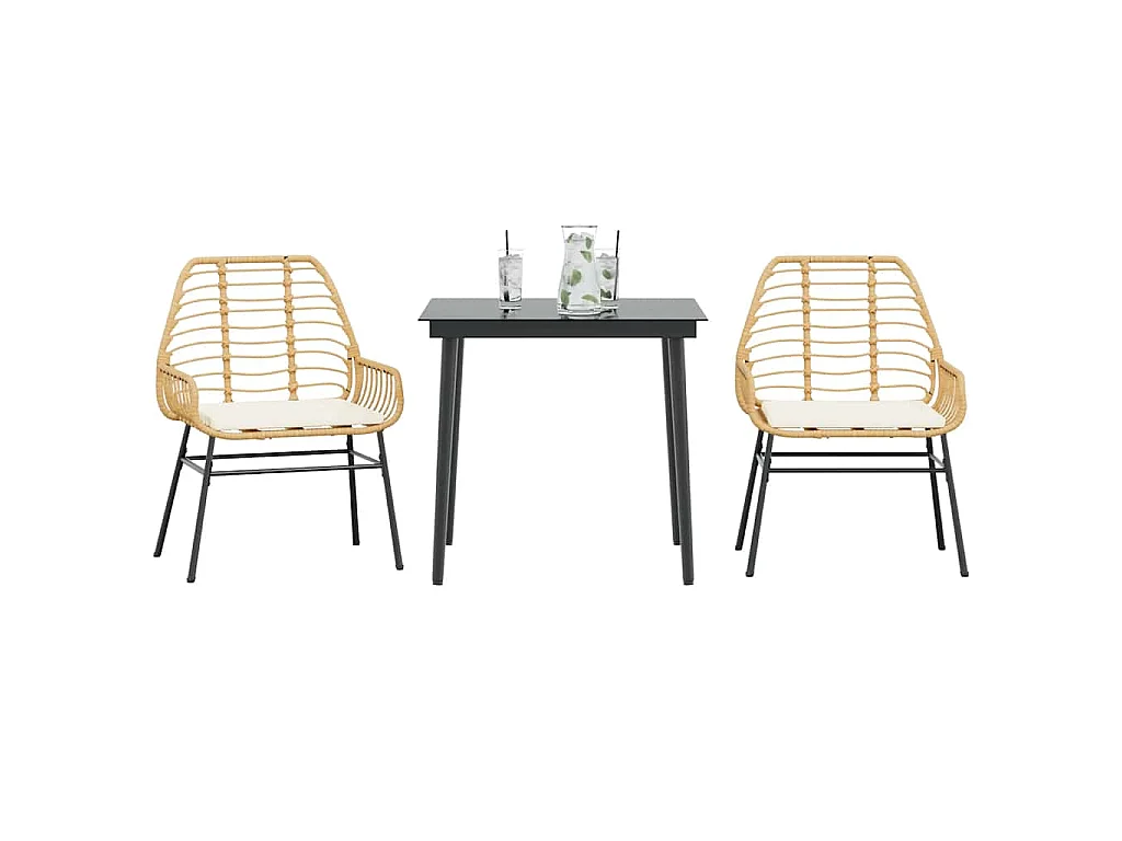 3-tlg. Garten-Essgruppe mit Kissen Braun Poly Rattan Glas