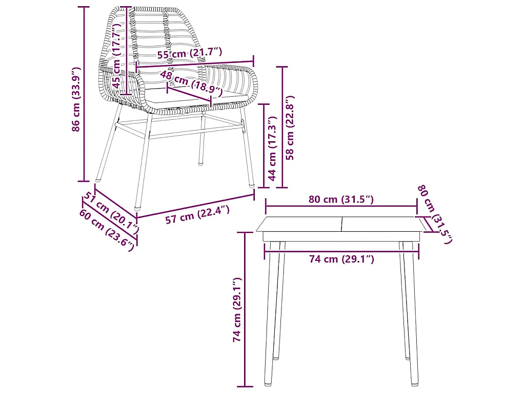 3-tlg. Garten-Essgruppe mit Kissen Braun Poly Rattan Glas