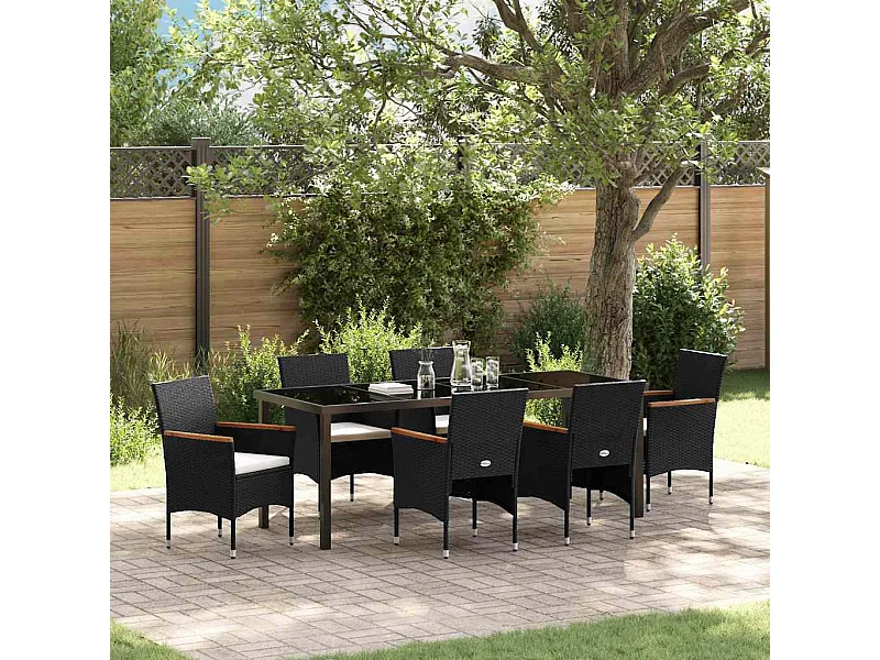 Tuin Eetset met kussen 7 pcs Zwart Poly riet