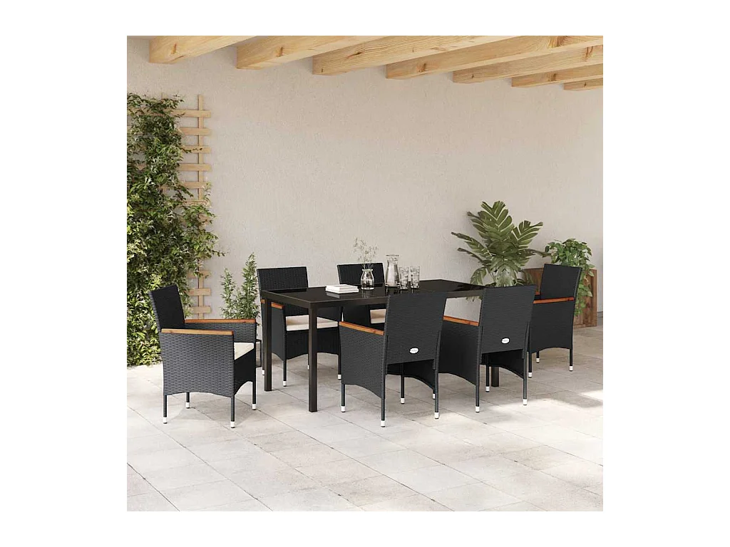 Tuin Eetset met kussen 7 pcs Zwart Poly riet