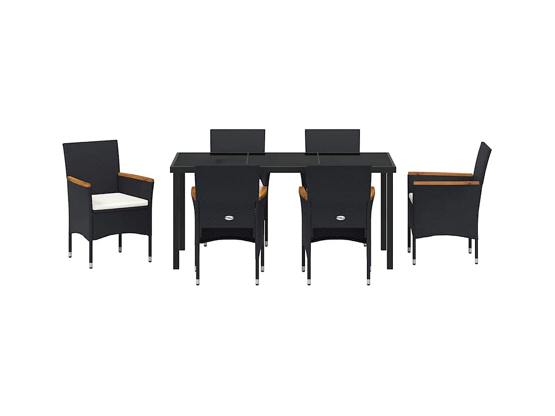 Tuin Eetset met kussen 7 pcs Zwart Poly riet