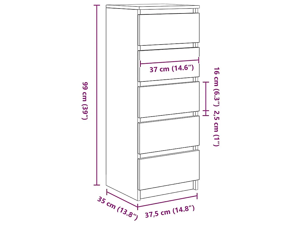 Buffet et tiroirs chêne artisanal 37,5x35x99 cm bois ingénierie
