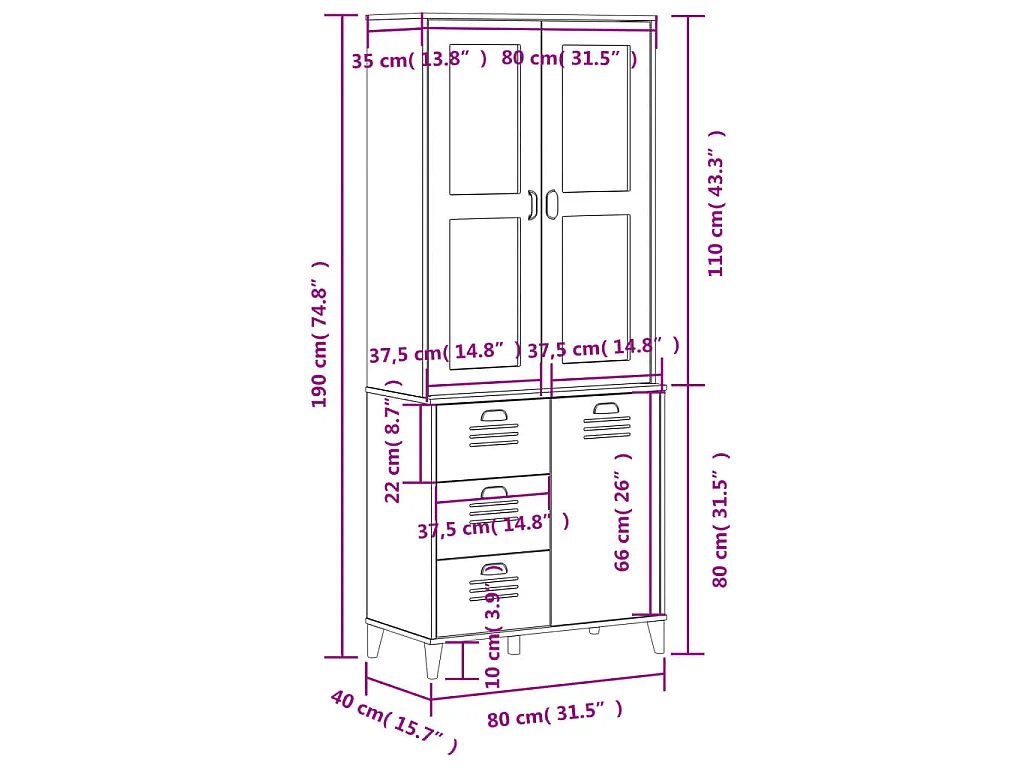 Credenza VIKEN Nera 80x40x190 cm in Legno Massello di Pino