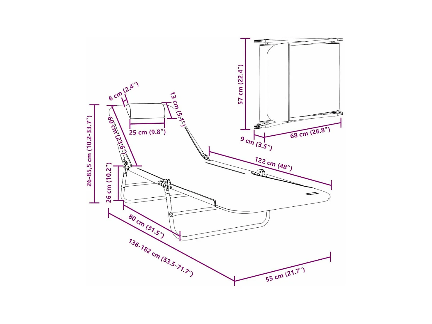Klappbare Sonnenliege 2 pcs Creme 182 x 55 x 85,5 cm Textilene