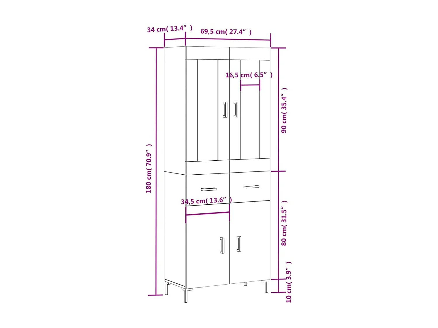 Hoge kast 69,5x34x180 cm bewerkt hout sonoma eikenkleurig