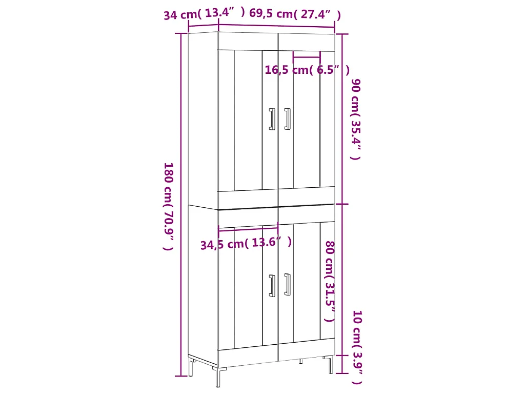 Hoge kast 69,5x34x180 cm bewerkt hout sonoma eikenkleurig