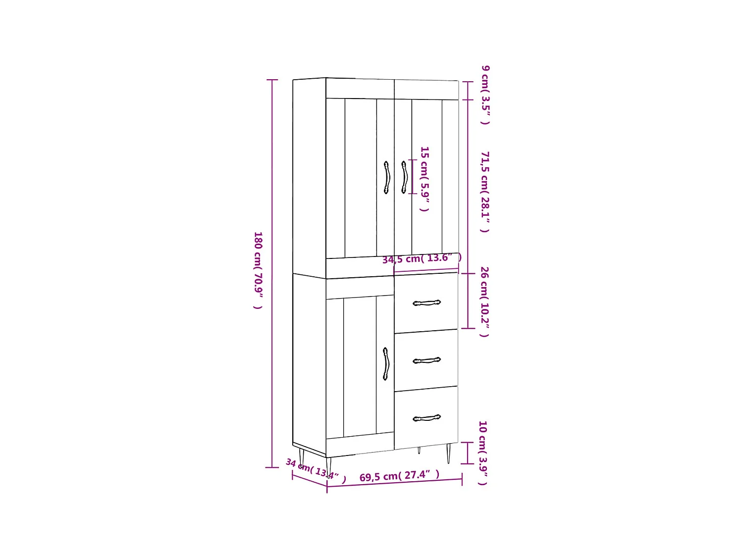 Highboard Grau Sonoma 69,5x34x180 cm Holzwerkstoff