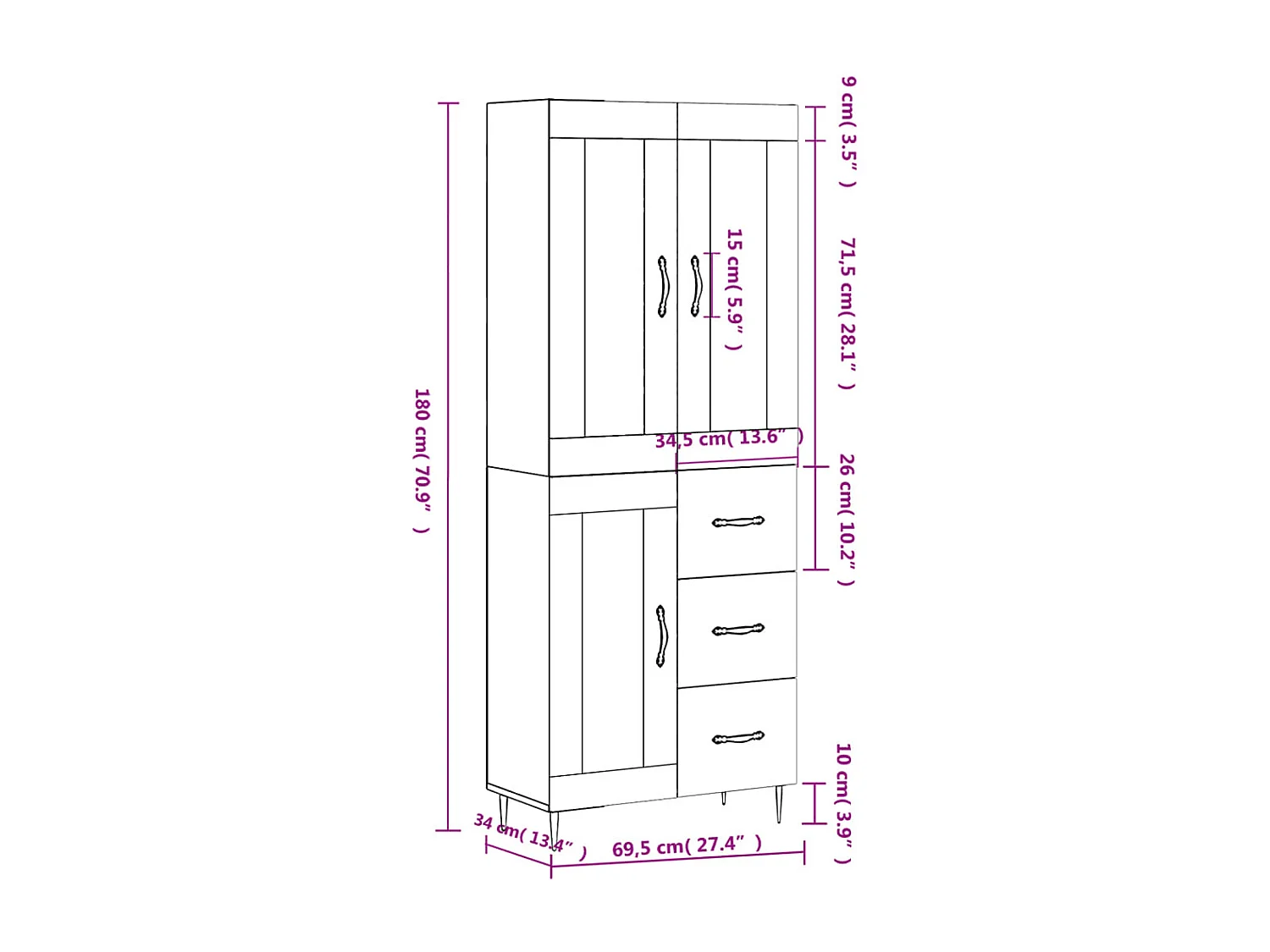 Buffet haut Sonoma gris 69,5x34x180 cm Bois d'ingénierie
