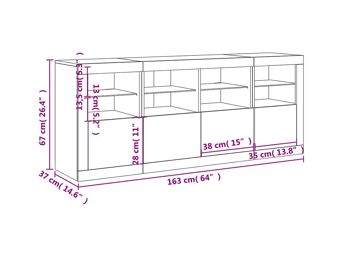 Buffet avec lumières LED chêne fumé 163x37x67 cm