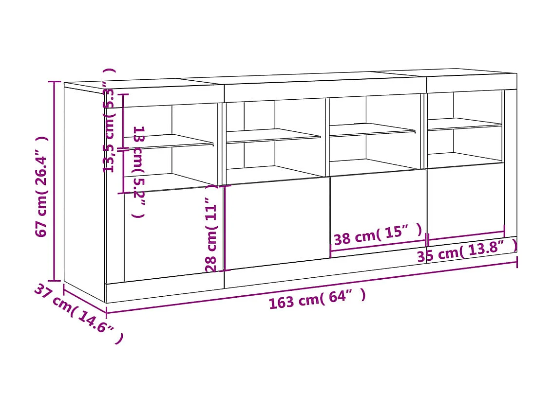 Dressoir met LED-verlichting 163x37x67 cm gerookt eikenkleurig