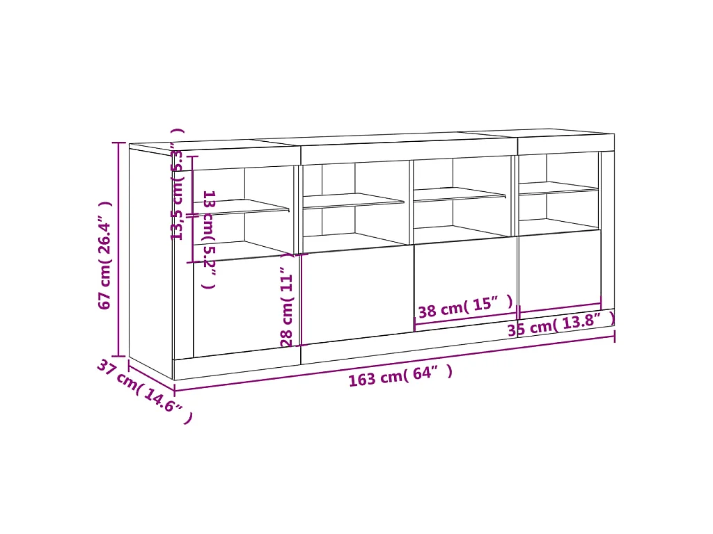 Buffet avec lumières LED chêne fumé 163x37x67 cm