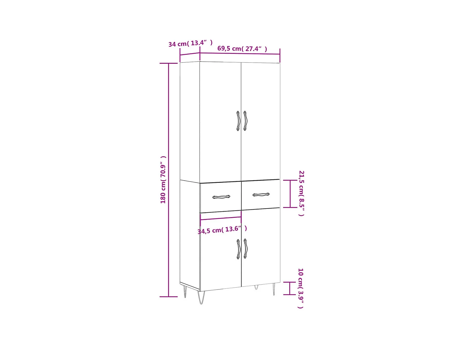Hoge kast 69,5x34x180 cm bewerkt hout betongrijs