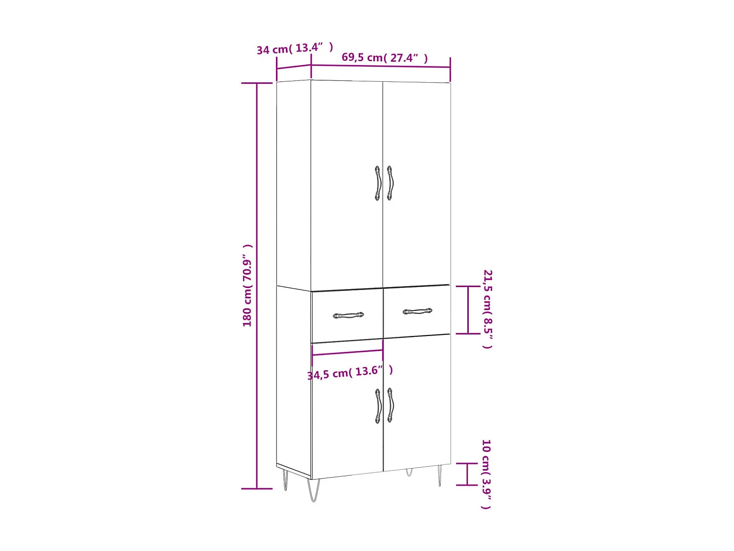 Buffet haut Gris béton 69,5x34x180 cm Bois d'ingénierie