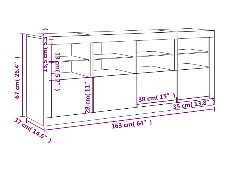 Aparador com luzes LED 163x37x67 cm cinzento sonoma