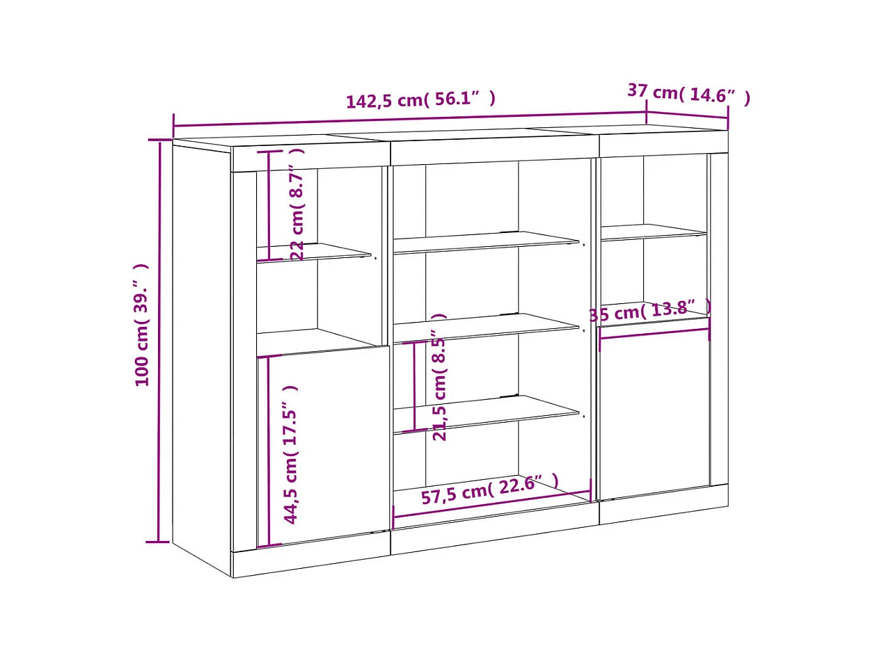 Buffets avec lumières LED 3 pcs gris béton bois d'ingénierie