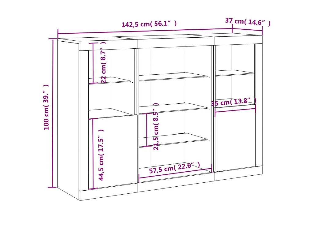 Credenze con Luci LED 3 pz Grigio Cemento in Legno Multistrato