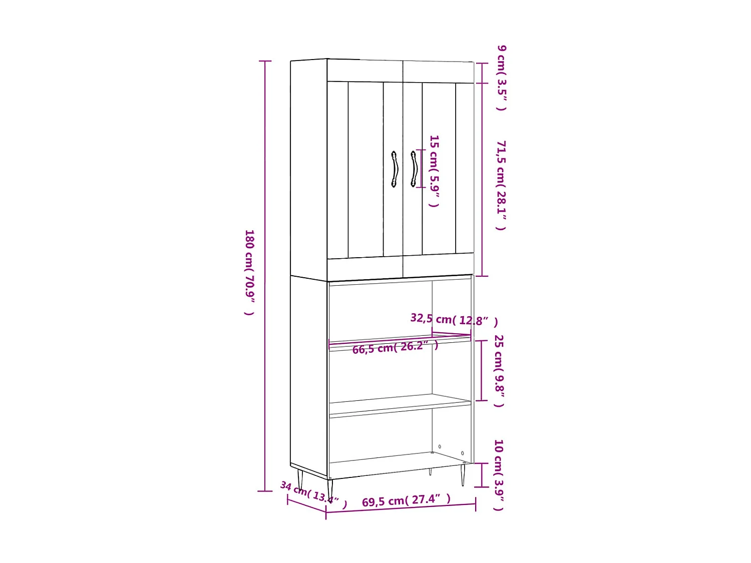 Buffet haut Sonoma gris 69,5x34x180 cm Bois d'ingénierie