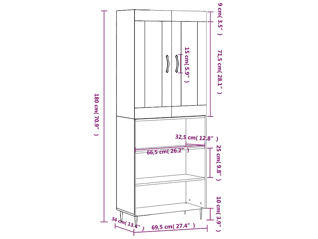 Buffet haut Sonoma gris 69,5x34x180 cm Bois d'ingénierie