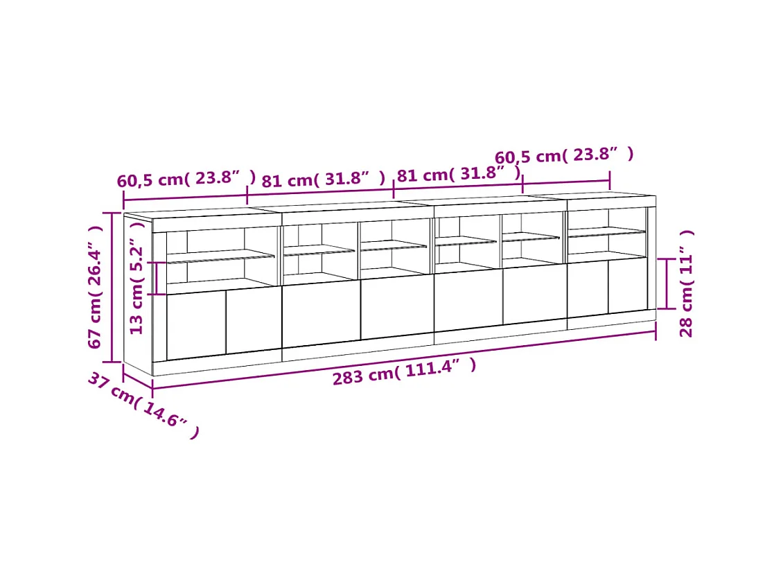 Sideboard mit LED-Leuchten Grau Sonoma 283x37x67 cm