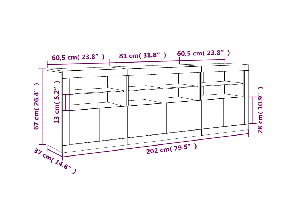 Buffet avec lumières LED sonoma gris 202x37x67 cm