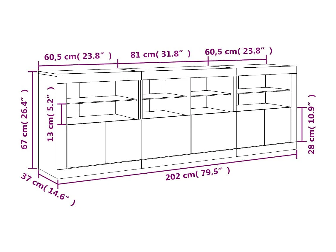 Aparador com luzes LED 202x37x67 cm cinzento sonoma