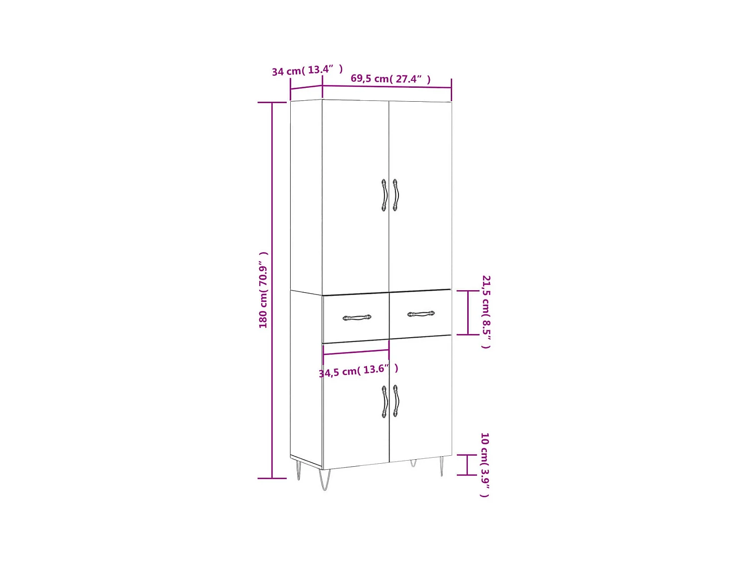 Buffet haut Blanc 69,5x34x180 cm Bois d'ingénierie