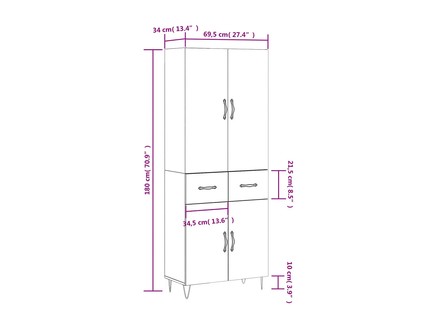 Highboard Weiß 69,5x34x180 cm Holzwerkstoff