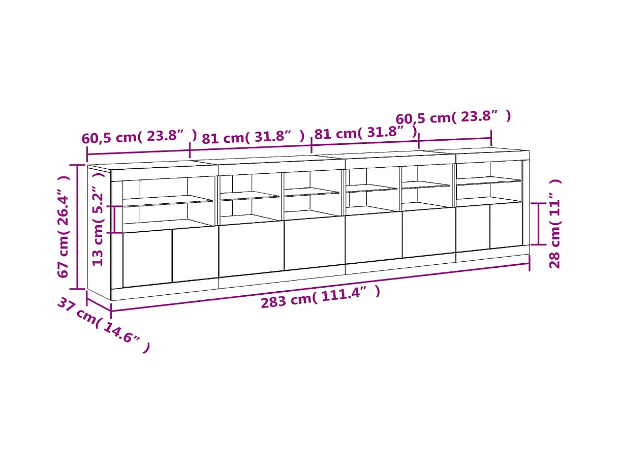 Sideboard mit LED-Leuchten Räuchereiche 283x37x67 cm