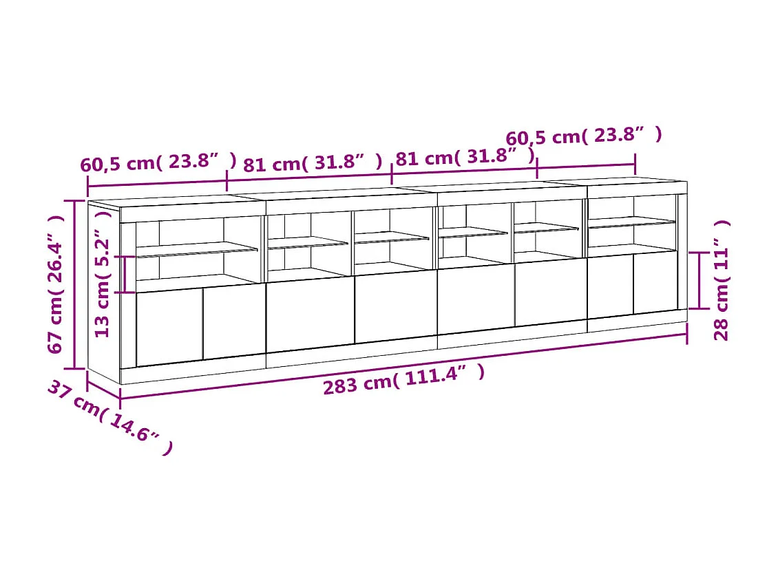 Dressoir met LED-verlichting 283,5x37x67 cm gerookt eikenkleur