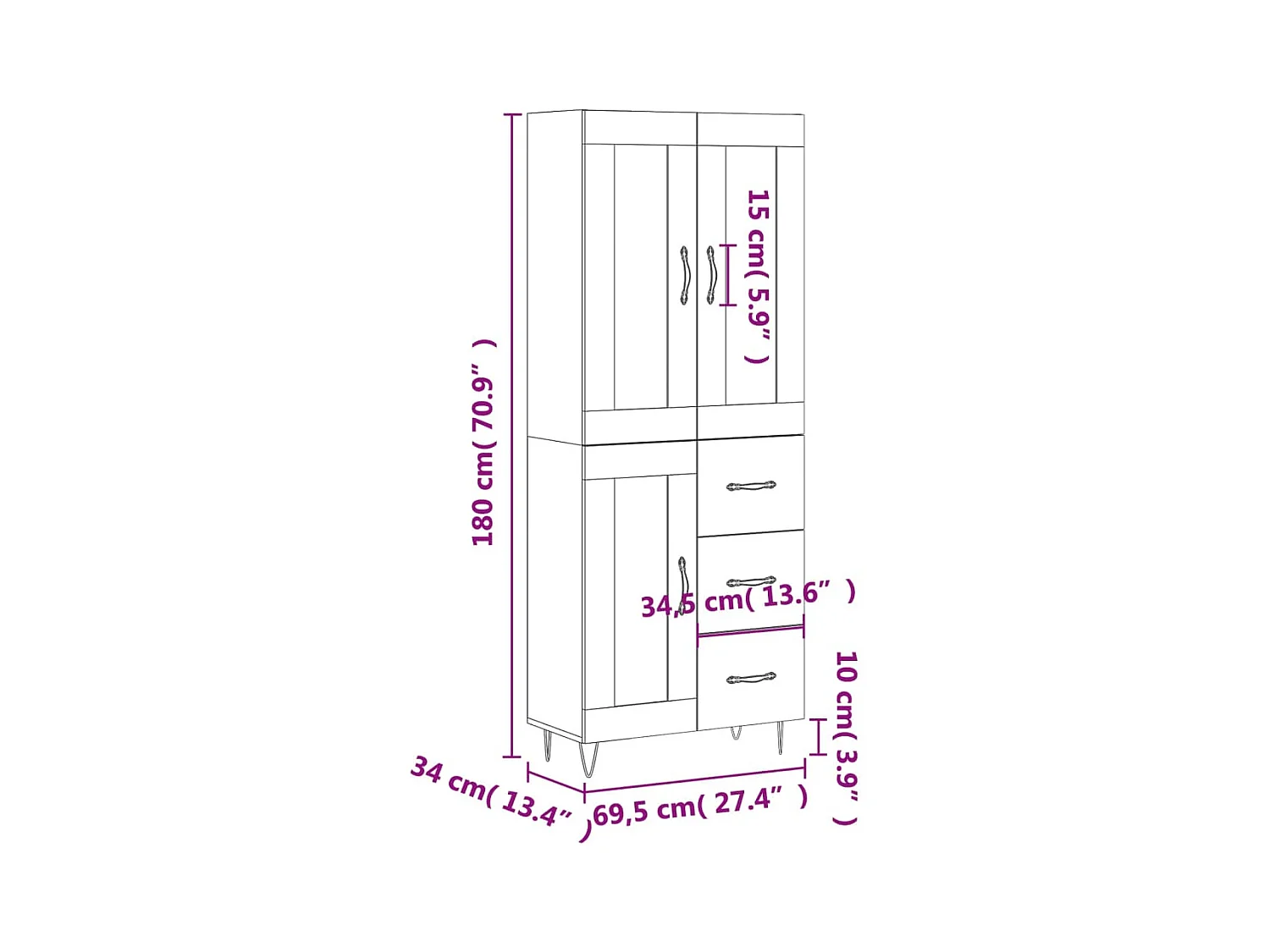 Hoge kast 69,5x34x180 cm bewerkt hout gerookt eikenkleurig