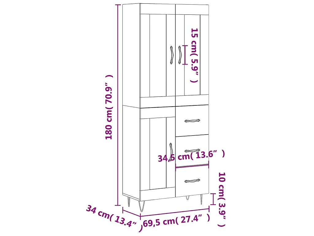 Hoge kast 69,5x34x180 cm bewerkt hout gerookt eikenkleurig