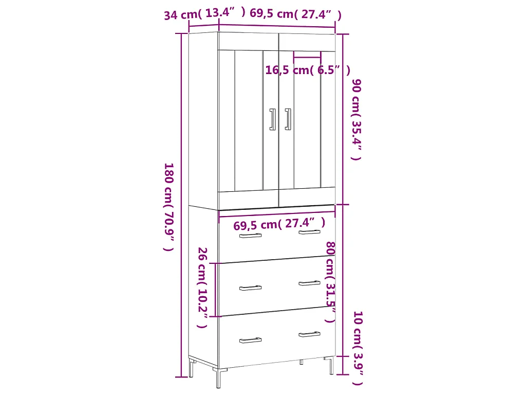 Hoge kast 69,5x34x180 cm bewerkt hout sonoma eikenkleurig