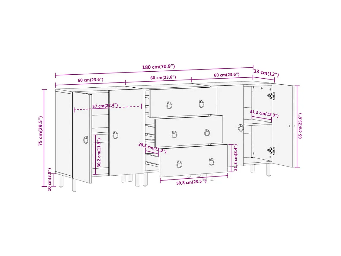 Armoires latérales 3 pcs 60x33x75 cm bois massif de manguier